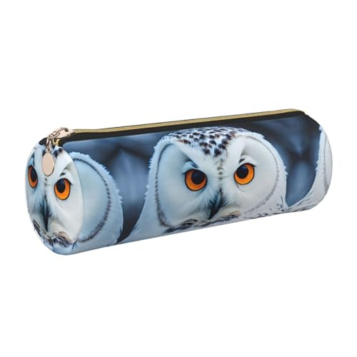 FLGHJNBJN Federmäppchen aus Leder mit schneebedeckten Eulen, niedliches Leder-Federmäppchen, umweltfreundlich, Kreuznarbenleder, glatter Reißverschluss, große Kapazität, Zylindertasche, gold von FLGHJNBJN