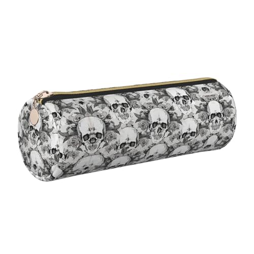 FLGHJNBJN Federmäppchen mit Totenkopf-Skelett, niedliches Leder, umweltfreundlich, gekreuztes Leder, glatter Reißverschluss, große Kapazität, Zylindertasche, gold, Einheitsgröße, Kartenhalter von FLGHJNBJN