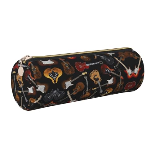 FLGHJNBJN Guitars niedliches Leder-Federmäppchen, umweltfreundlich, gekreuztes Leder, glatter Reißverschluss, große Kapazität, Zylindertasche, gold, Einheitsgröße, Kartenhalter von FLGHJNBJN