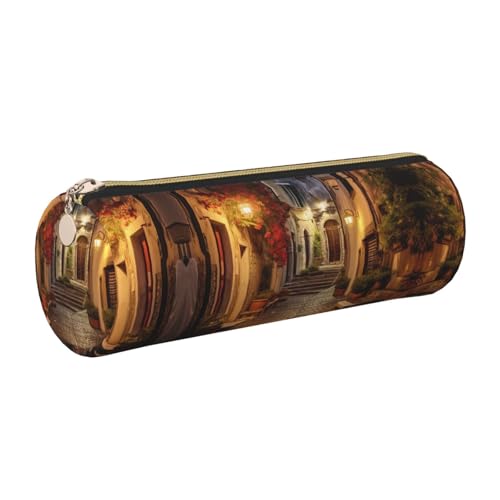 FLGHJNBJN Italienisches Federmäppchen aus Leder, niedliches Leder-Federmäppchen, umweltfreundlich, Kreuznarbenleder, glatter Reißverschluss, große Kapazität, Zylindertasche, gold, Einheitsgröße von FLGHJNBJN