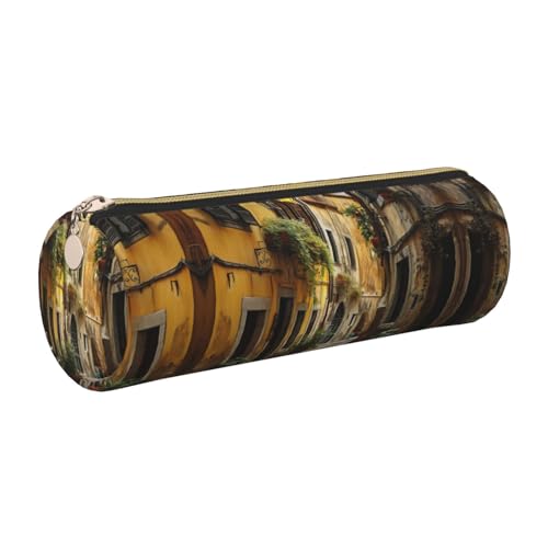 FLGHJNBJN Italienisches Federmäppchen aus Leder, niedliches Leder-Federmäppchen, umweltfreundlich, Kreuznarbenleder, glatter Reißverschluss, große Kapazität, Zylindertasche, gold, Einheitsgröße von FLGHJNBJN