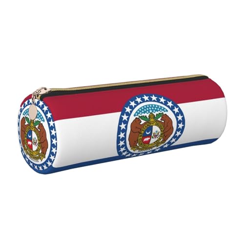 FLGHJNBJN Missouri Federmappe mit Staatsflagge, niedliches Leder-Federmäppchen, umweltfreundlich, gekreuztes Leder, glatter Reißverschluss, große Kapazität, Zylindertasche, gold, Einheitsgröße von FLGHJNBJN