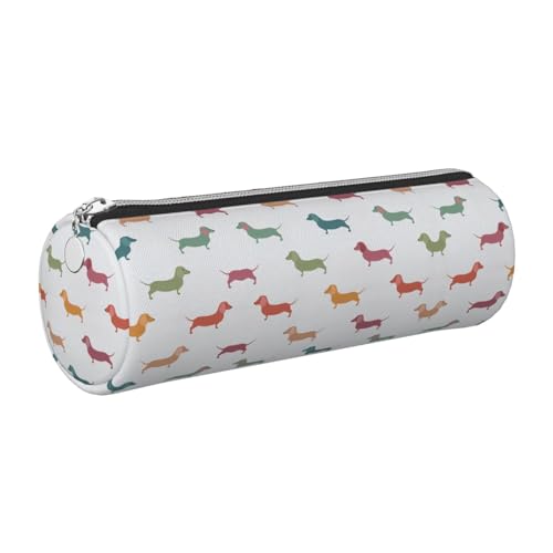 FLGHJNBJN Niedliches Federmäppchen aus Leder, Motiv: Dackel, umweltfreundlich, gekreuztes Leder, glatter Reißverschluss, große Kapazität, Zylindertasche, silber, Einheitsgröße, Kartenhalter von FLGHJNBJN