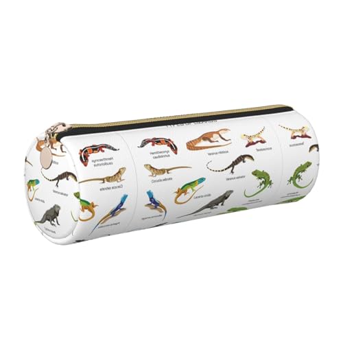 FLGHJNBJN Niedliches Leder-Federmäppchen, verschiedene Arten von Eidechsen, umweltfreundlich, gekreuztes Leder, glatter Reißverschluss, große Kapazität, Zylindertasche, gold, Einheitsgröße von FLGHJNBJN