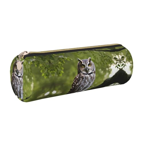 FLGHJNBJN Niedliches Leder-Federmäppchen mit Eulenmotiv, umweltfreundlich, gekreuztes Leder, glatter Reißverschluss, große Kapazität, Zylindertasche, gold, Einheitsgröße, Kartenhalter von FLGHJNBJN