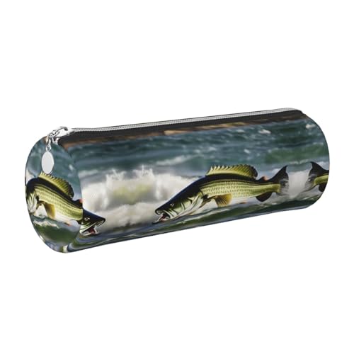 Federmäppchen aus Leder, Motiv: Barschangeln, niedliches Leder-Federmäppchen, umweltfreundlich, Kreuznarbenleder, glatter Reißverschluss, große Kapazität, Zylindertasche, silber, Einheitsgröße von FLGHJNBJN