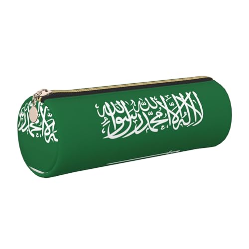Federmäppchen aus Leder, Motiv: Flagge von Saudi-Arabien, niedliches Leder-Federmäppchen, umweltfreundlich, Kreuznarbenleder, glatter Reißverschluss, große Kapazität, Zylindertasche, gold von FLGHJNBJN