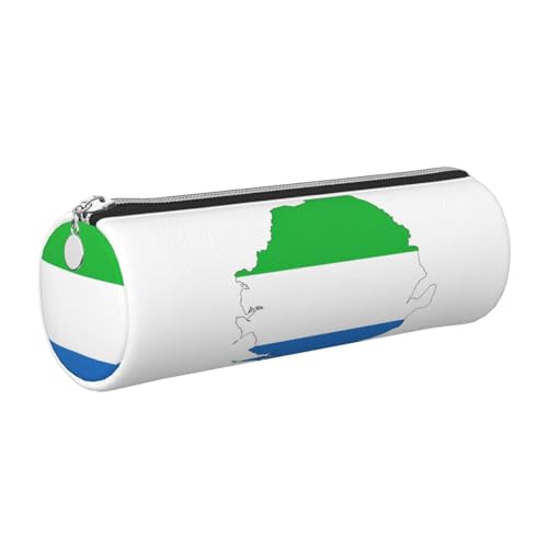 Federmäppchen aus Leder, Motiv: Sierra Leone, niedliches Leder-Federmäppchen, umweltfreundlich, Kreuznarbenleder, glatter Reißverschluss, große Kapazität, Zylindertasche, silber, Einheitsgröße von FLGHJNBJN