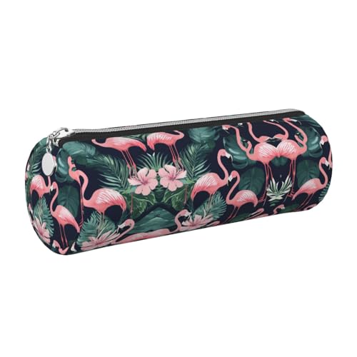 Federmäppchen aus Leder, niedliches Flamingo, umweltfreundlich, gekreuztes Leder, glatter Reißverschluss, große Kapazität, Zylindertasche, silber, Einheitsgröße, Kartenhalter von FLGHJNBJN