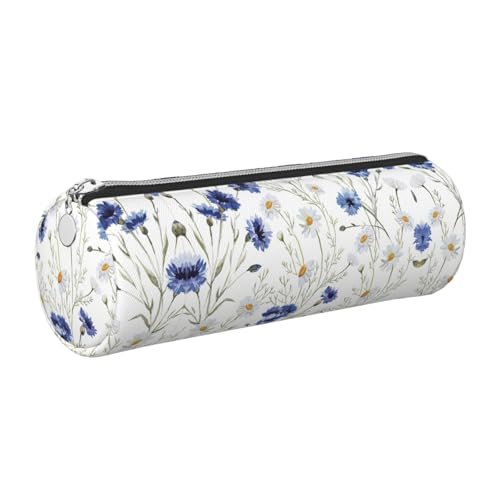 Federmäppchen aus Leder mit Blumen und Kornblumen, Gänseblümchen, niedliches Leder-Federmäppchen, umweltfreundlich, Kreuznarbenleder, glatter Reißverschluss, große Kapazität, Zylindertasche, silber von FLGHJNBJN
