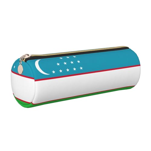 Federmäppchen mit Flagge der Republik Usbekistan, niedliches Leder-Federmäppchen, umweltfreundlich, gekreuztes Leder, glatter Reißverschluss, große Kapazität, Zylindertasche, gold, Einheitsgröße von FLGHJNBJN