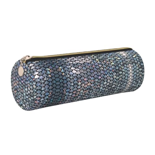 Silberfarbenes Federmäppchen mit Fischschuppen-Motiv, umweltfreundliches Kreuznarbenleder, glatter Reißverschluss, große Kapazität, Zylindertasche, gold, Einheitsgröße, Kartenhalter von FLGHJNBJN