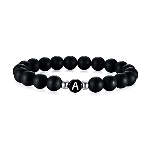 Armband mit Buchstaben Personalisiert | Handgefertigt Personalisiert Initiale Name Alphabet Wort Buchstabe Schwarzer Matte Achat Perlen Stretch Link Armband, Geschenk für ihn ihr Freund Mama Papa von FLHEART