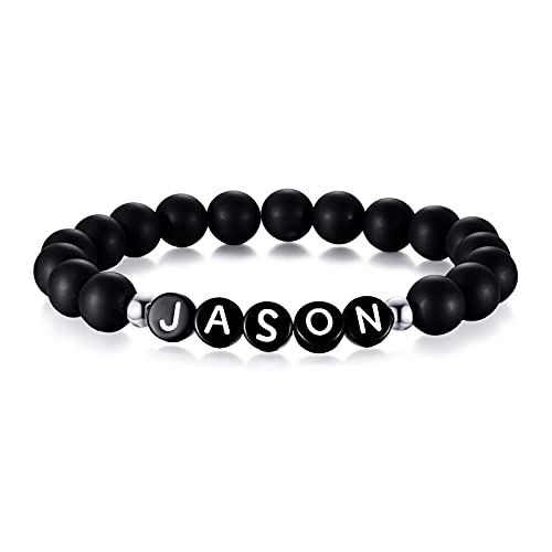 Armband mit Buchstaben Personalisiert | Handgefertigt Personalisiert Initiale Name Alphabet Wort Buchstabe Schwarzer Matte Achat Perlen Stretch Link Armband, Geschenk für ihn ihr Freund Mama Papa von FLHEART
