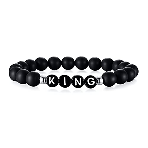 Armband mit Buchstaben Personalisiert | Handgefertigt Personalisiert Initiale Name Alphabet Wort Buchstabe Schwarzer Matte Achat Perlen Stretch Link Armband, Geschenk für ihn ihr Freund Mama Papa von FLHEART