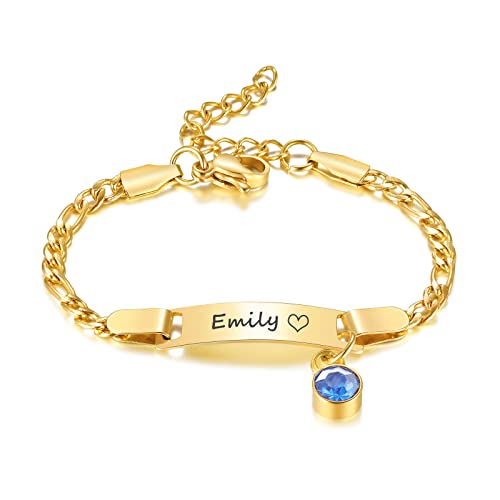 Benutzerdefinierte Geburtsstein Kind Armbänder : Gold plattiert Edelstahl personalisierte Name Bar Name ID Armband für Kinder Kleinkind Mädchen von Mama Oma, Birthstone Schmuck Geschenk, nickelfrei von FLHEART