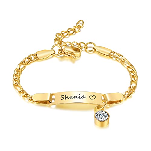 Benutzerdefinierte Geburtsstein Kind Armbänder : Gold plattiert Edelstahl personalisierte Name Bar Name ID Armband für Kinder Kleinkind Mädchen von Mama Oma, Birthstone Schmuck Geschenk, nickelfrei von FLHEART