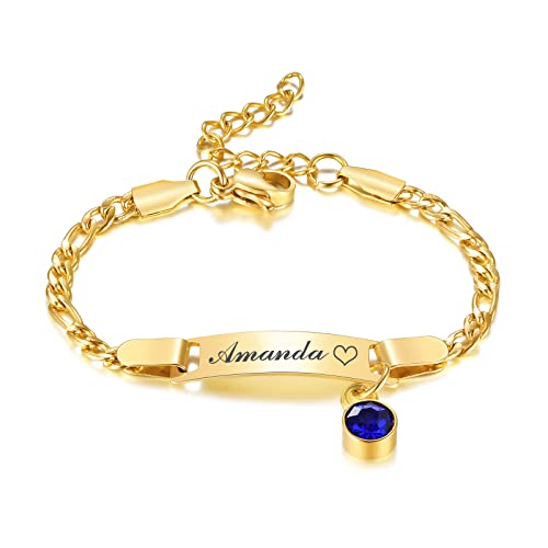 Benutzerdefinierte Geburtsstein Kind Armbänder : Gold plattiert Edelstahl personalisierte Name Bar Name ID Armband für Kinder Kleinkind Mädchen von Mama Oma, Birthstone Schmuck Geschenk, nickelfrei von FLHEART