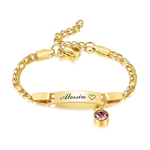 Benutzerdefinierte Geburtsstein Kind Armbänder : Gold plattiert Edelstahl personalisierte Name Bar Name ID Armband für Kinder Kleinkind Mädchen von Mama Oma, Birthstone Schmuck Geschenk, nickelfrei von FLHEART