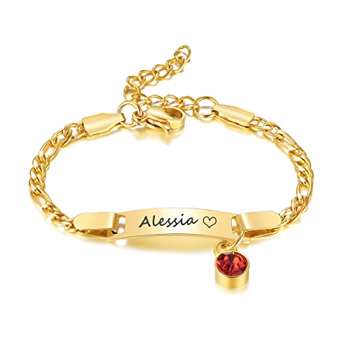 Benutzerdefinierte Geburtsstein Kind Armbänder : Gold plattiert Edelstahl personalisierte Name Bar Name ID Armband für Kinder Kleinkind Mädchen von Mama Oma, Birthstone Schmuck Geschenk, nickelfrei von FLHEART