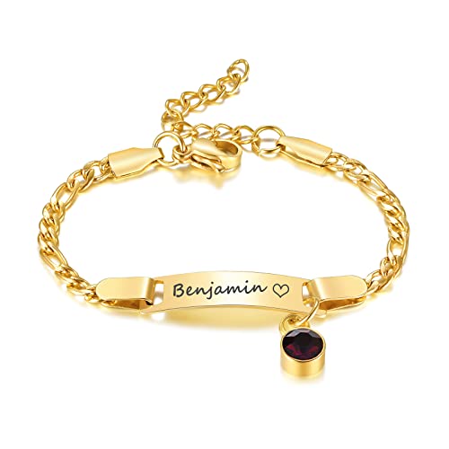 Benutzerdefinierte Geburtsstein Kind Armbänder : Gold plattiert Edelstahl personalisierte Name Bar Name ID Armband für Kinder Kleinkind Mädchen von Mama Oma, Birthstone Schmuck Geschenk, nickelfrei von FLHEART