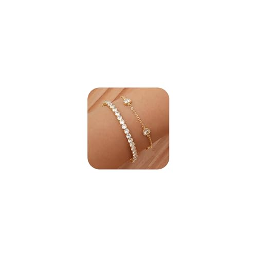 2 Stück Armband Damen Silber Edelstahl Armbänder - 14K Weißgold Gefülltes Elastische Zirkonia Tennisarmband Verstellbare Herz Armkette Armbänder Schmuck für Frauen Mädchen Freund Weihnachtsgeschenke von FLHEART