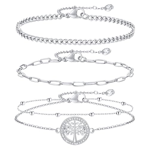 FLHEART 3 Stück Armband Damen Silber - Modeschmuck Silber Edelstahl Armband Damen mit Lebensbaum，Verstellbare 16+5cm Armschmuck Armbänder Set Armkette Geschenke für Mädchen Frauen von FLHEART