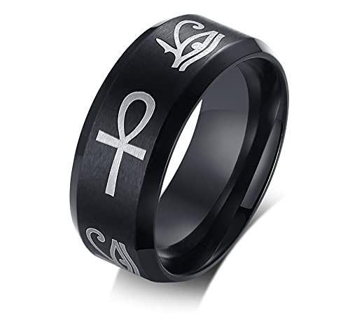 FLHEART Ägyptische Auge des Horus und Ankh Ring Band Edelstahl Hieroglyphe eingraviert Ankh Gott des ra Ring für Herren Schutz Schmuck für ihn,Black,Größe 64 (20.4) von FLHEART