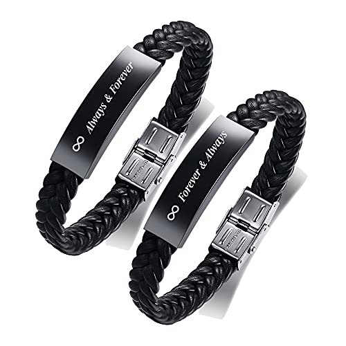 FLHEART Always Forever Schwarzer Edelstahl und Mikrofaser geflochtenes Leder Armbänder klassisch Stil Sein Ihrs Paar Armband Einstellbar Geburtstag Valentinstag Jahrestag Armband Geschenk von FLHEART