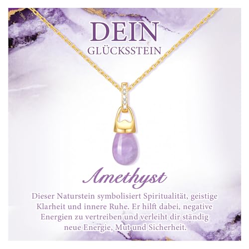 Amethyst Kette Damen Halsketten für Frauen - 14K Vergoldet Schmuck Glückskette mit Naturstein Amethyst Anhänger, Kristall Glücksstein Halskette, Heilsteine Kette Geschenke für Frauen von FLHEART