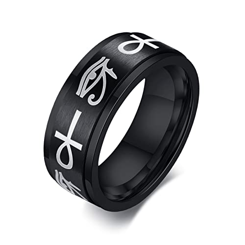 FLHEART Auge des Horus & Ankh Ring : Edelstahl Spinner Stil ägyptische Symbol Schlüssel des Lebens und Auge des Ra Ring Hochzeit Band für Männer, Schutz Amulett Schmuck Geschenk, Größe 57 (18.1) von FLHEART