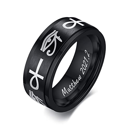 FLHEART Auge des Horus & Ankh Ring : Edelstahl Spinner Stil ägyptische Symbol Schlüssel des Lebens und Auge des Ra Ring Hochzeit Band für Männer, Schutz Amulett Schmuck Geschenk, Größe 59 (18.8) von FLHEART