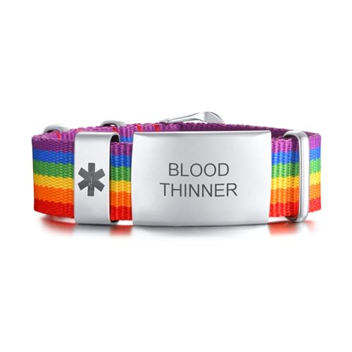 BLOOD THINNER Gravierte medizinische Alarm Armband für Herren Damen | wasserdicht Sport Nylon Armband mit Edelstahl Notfall medizinische ID Tag Armbänder einstellbar 7.1"-8.1" von FLHEART