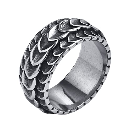 FLHEART Drachen Band Ring Herren - Edelstahl Antike Weinlese Gotisch Punk Ring, Cool Drache Schuppen Texturierter Wikinger Ring für Männer, Glücks Amulett Schmuck Geschenk,Größe 54 (17.2) von FLHEART