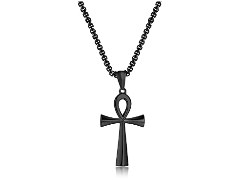 FLHEART Edelstahl Ankh Kreuz Halskette | ägyptische einfache Ankh Kreuz Anhänger Schlüssel des Lebens Symbol spirituellen Schmuck für ihn ihr, mit Kette,Schwarz von FLHEART