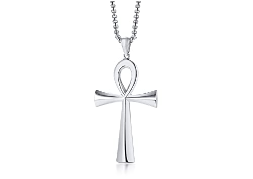 FLHEART Edelstahl Ankh Kreuz Halskette | ägyptische einfache Ankh Kreuz Anhänger Schlüssel des Lebens Symbol spirituellen Schmuck für ihn ihr, mit Kette,Silber von FLHEART