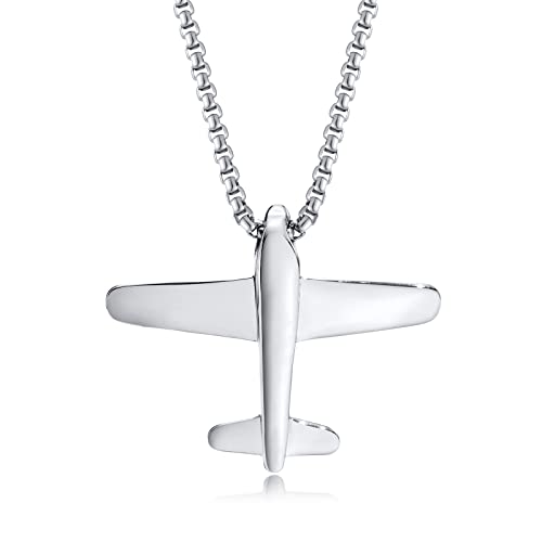 FLHEART Flugzeug Kette Halskette Herren - Silber Edelstahl Flugzeuge Anhänger mit 60 Rolokette für Männer Jugendliche Feste Freunde Geschenke Schmuck für Geburtstag Weihnachten Abschlussfeier von FLHEART