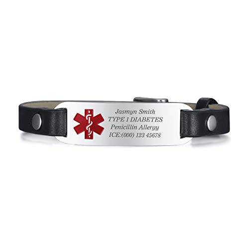 FLHEART Gravieren Notfall Medizinische Armbänder Für Herren - Personalisiertes Echtes Leder Medizinisches Alarm Armband - Herren Damen Notfall Medizinische Identifikation Armband, Einstellbare von FLHEART