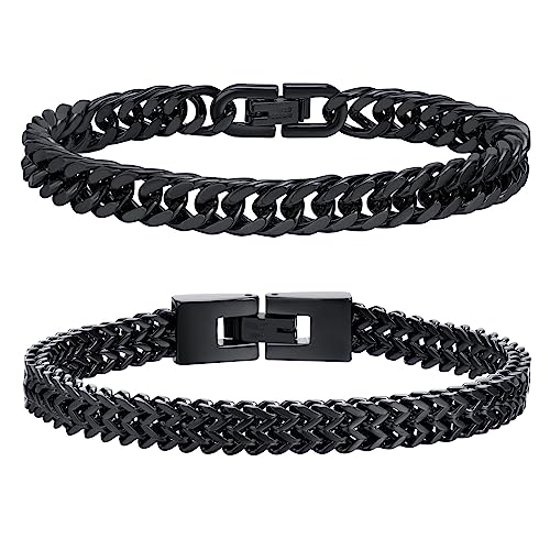 Herren Armband Edelstahl Armbänder Panzerkette - 2 Stücke Schwarz Herrenarmbänder für Männer Jungs Kubanische Armband 8mm Breite 19cm Länge Geschenke für Papa Sohn Bruder Ehemann Freundschaft von FLHEART