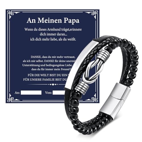 FLHEART Herren Armband Vatertagsgeschenk Papa Geschenk - Schwarz Lederarmband mit Edelstahl Unendlichkeit für Männer Leder Armbänder An Meinen Papa Vater Geschenke für Vatertag Geburtstag von FLHEART