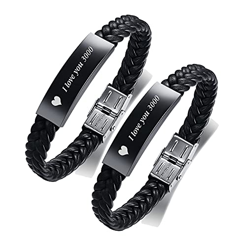 FLHEART I love you 3000 Schwarzer Edelstahl und Mikrofaser geflochtenes Leder Armbänder klassisch Stil Sein Ihrs Paar Armband Einstellbar Geburtstag Valentinstag Jahrestag Armband Geschenk von FLHEART