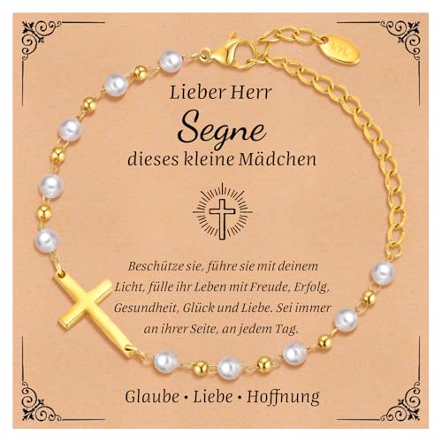 Kommunion Geschenke für Mädchen Kreuz Armband - Perle Armbänder mit Kreuz für Kinder, Vergoldet Kinderarmband für Tauf Firmung Geburt Taufgeschenk Erstkommunion Konfirmation Geschenke für Mädchen von FLHEART