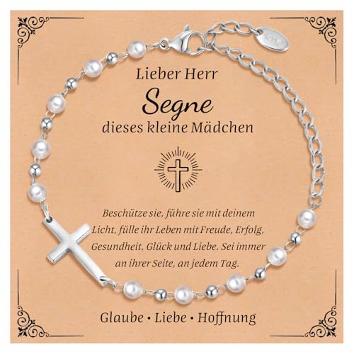Kommunion Geschenke für Mädchen Kreuz Armband - Perle Armbänder mit Kreuz für Kinder, Silber Kinderarmband für Tauf Firmung Geburt Taufgeschenk Erstkommunion Konfirmation Geschenke für Mädchen von FLHEART