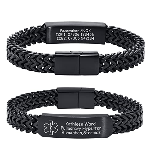 Medizinische Alert Armbänder Herren : Personalisiert Edelstahl Klotzige Doppel Franco Kette Medizinisches Identifikation Armband Notfallarmband mit Magnetverschluss für Männer Jungen,Schwarz von FLHEART