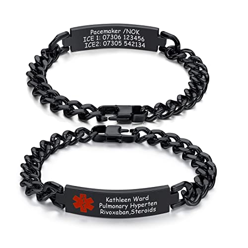 Medizinische Alert Armbänder Herren : Personalisiert Edelstahl Klotzige Kandare Kette Medizinisches ID Notfallarmband Individuell SOS Identifikation Armband für Männer Jungen,Schwarz,8.5 Zoll von FLHEART