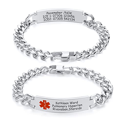 Medizinische Alert Armbänder Herren : Personalisiert Edelstahl Klotzige Kandare Kette Medizinisches ID Notfallarmband Individuell SOS Identifikation Armband für Männer Jungen,Silber,7.5 Zoll von FLHEART