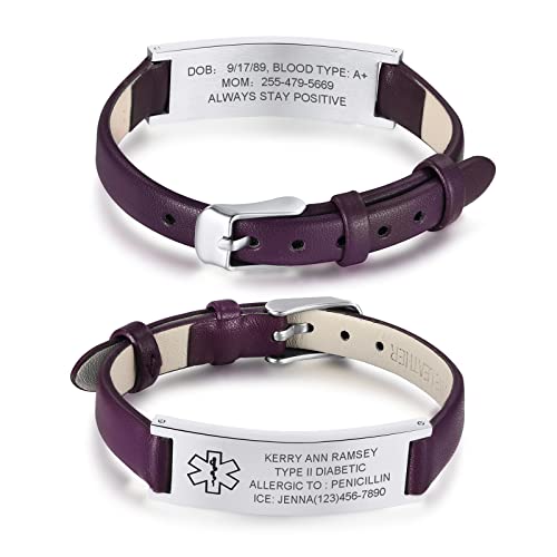 FLHEART Medizinische ID Armband Damen : Kostenlose Gravur Echt Leder & Edelstahl medizinischen Alarm ID Armband für Frauen Mädchen, einstellbar angepasst Medizinische Warnhinweis Schmuck,Lila von FLHEART