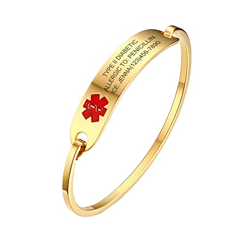 FLHEART Medizinische ID Armband Damen: Kostenlose Gravur Edelstahl medizinische Alarm Armreif Armband kundengebundene Identifizierung Notfall medizinische ID Schmuck,Vergolden von FLHEART