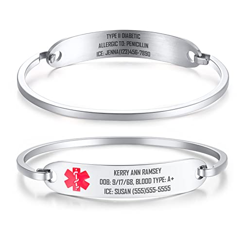 FLHEART Medizinische ID Armband Damen: Kostenlose Gravur Edelstahl medizinische Alarm Armreif Armband kundengebundene Identifizierung Notfall medizinische ID Schmuck von FLHEART