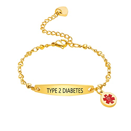 Medizinischer Alarm Armbänder Damen : Edelstahl Mode zartes Herz Kette kostenlose Gravur medizinische ID Armband für Frauen Mädchen, 18K vergoldet, wasserdicht & einstellbar von FLHEART